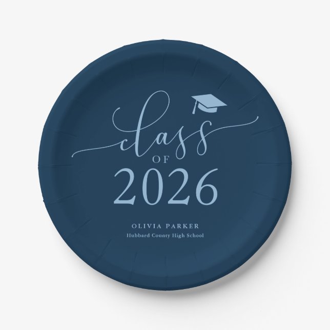 Navy Blue Class of 2026 Graduation Party Paper Plates (Front)