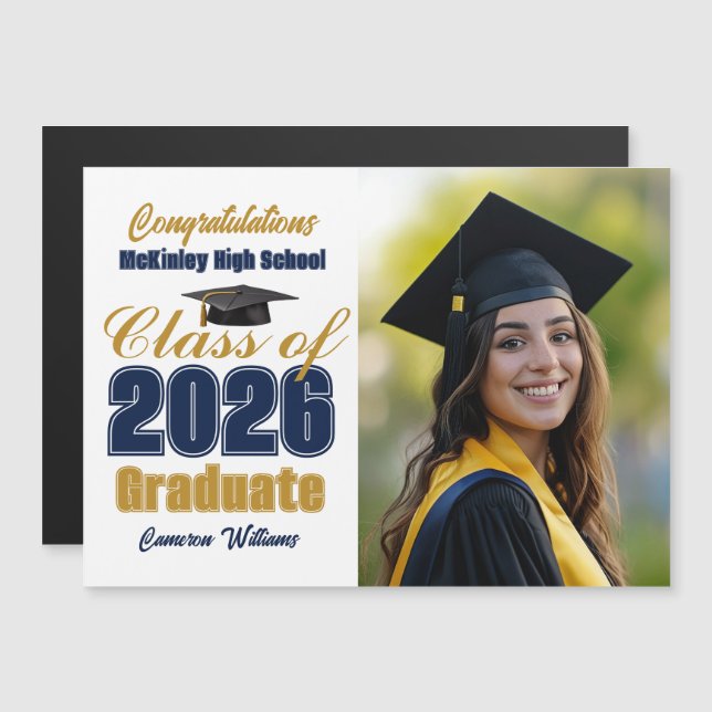 Navy Blue Class of 2026 Graduation Photo Magnet (Front/Back)