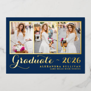 Navy Blue Class of 2026 Photo Collage Graduation Foil Invitation