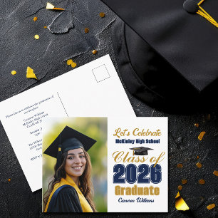 Navy Blue Class of 2026 Photo Graduation Party Invitation Postcard
