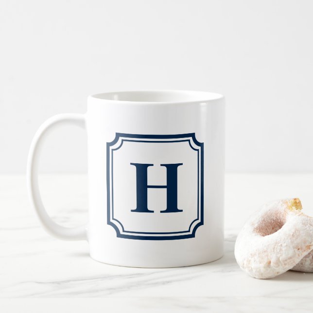 Navy Blue Classic Borders Personalized Monogram Coffee Mug (With Donut)