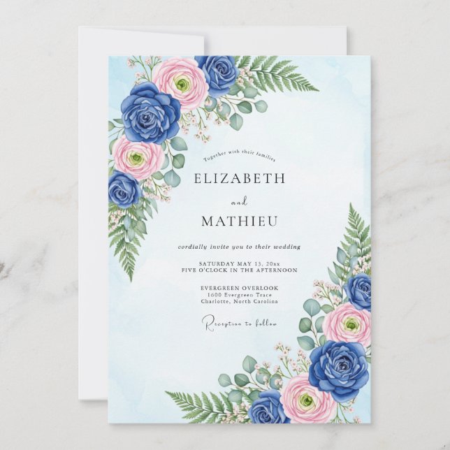 Navy Blue Classic Botanical Wedding Invitation (Front)