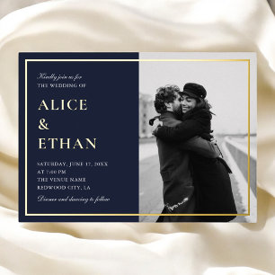 Navy Blue Classic Calligraphy Photo Wedding Foil Invitation