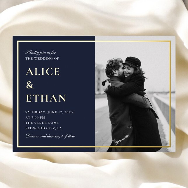 Navy Blue Classic Calligraphy Photo Wedding Foil Invitation (Creator Uploaded)
