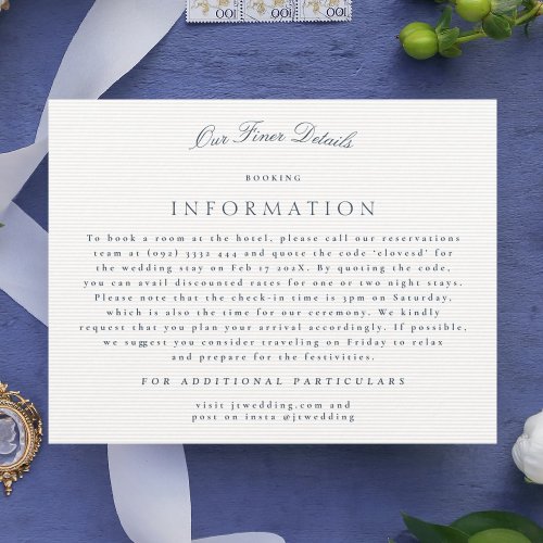 Navy Blue Classic Calligraphy Wedding Details Enclosure Card