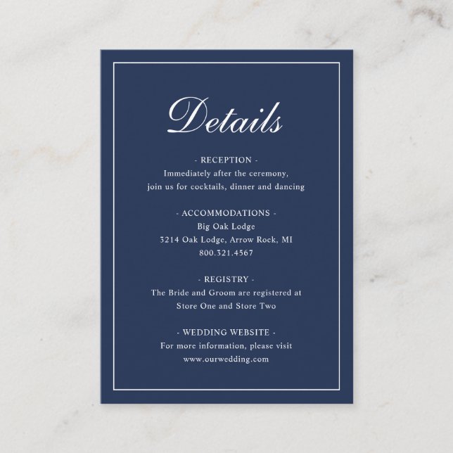 Navy Blue Classic Elegant Wedding Enclosure Card (Front)