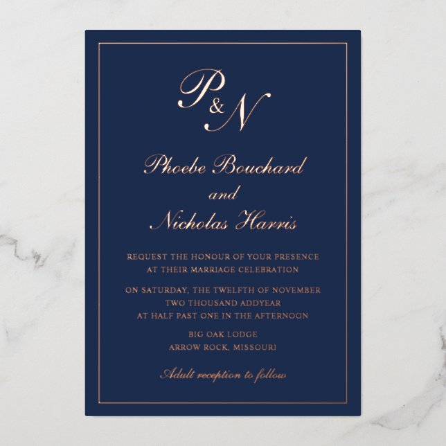 Navy Blue Classic Elegant Wedding Foil Invitation (Front)