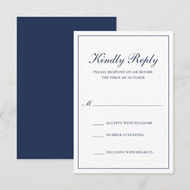 Navy Blue Classic Elegant Wedding RSVP Card (Front/Back)