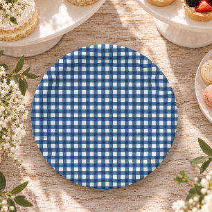 Navy Blue Classic Gingham Preppy Party Paper Plates