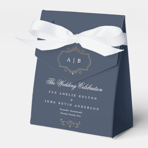 navy blue classic gold crest monogram wedding favor boxes