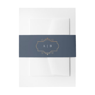 navy blue classic gold crest monogram wedding invitation belly band
