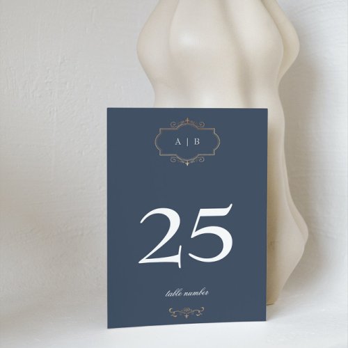 navy blue classic gold crest monogram wedding table number