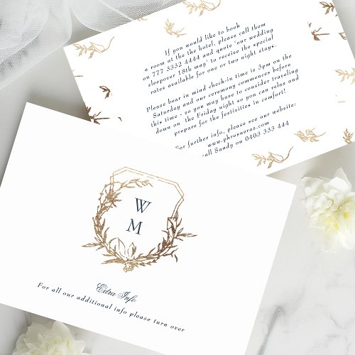 Navy Blue Classic Gold crest wedding details Enclosure Card