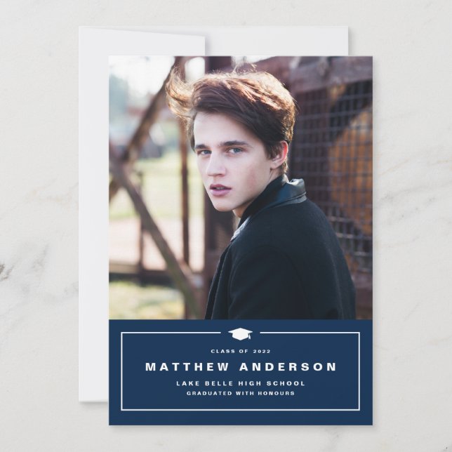 Navy Blue Classic Graduation Cap Photo Graduation Announcement (Front)