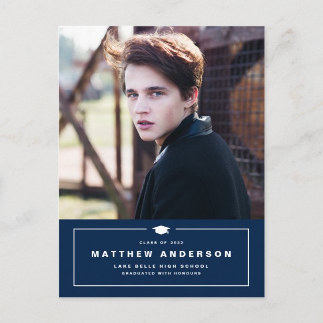 Navy Blue Classic Graduation Cap Photo Graduation Announcement Postcard (Front)