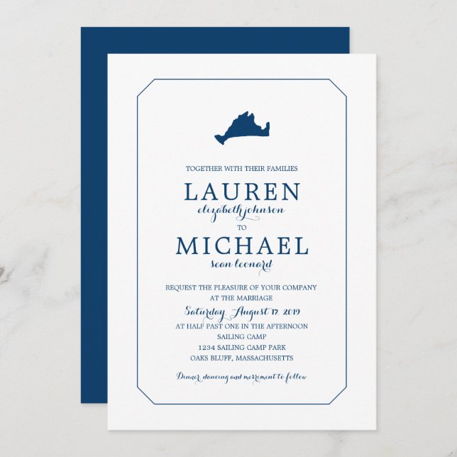 Navy Blue Classic Marthas Vineyard Map Wedding Invitation (Front/Back)