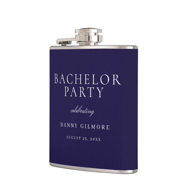 Navy Blue Classic Mens Bachelor Party Gift Flask (Left)