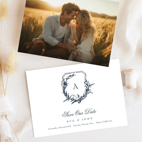 Navy Blue Classic monogram crest Photo Save The Date