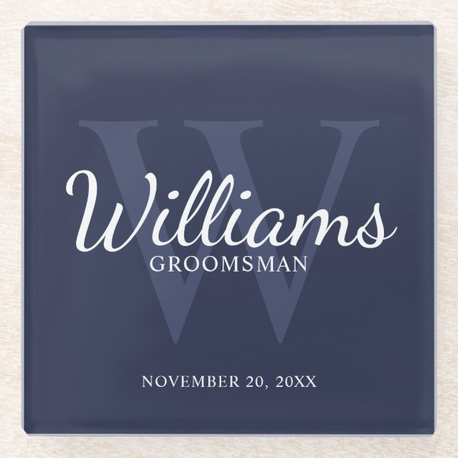 Navy Blue Classic Script Personalized Groomsmen Glass Coaster (Front)