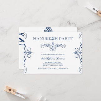 Navy Blue Classic Scrolls Hanukkah Holiday Party Invitation
