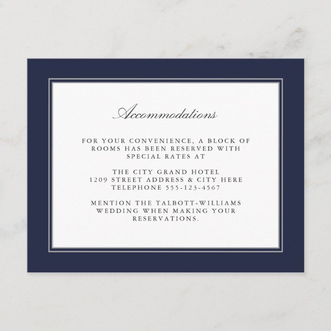 Navy Blue Classic Simple Elegance Accommodations Enclosure Card (Front)