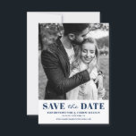 Navy Blue Classic Typography Photo Save The Date<br><div class="desc">Navy Blue Classic Typography Photo Save the Date Announcement. Customizable save the date announcement featuring blue classic typography and stripes back pattern. Personalized by adding your own photo and details. Other colors are available.</div>