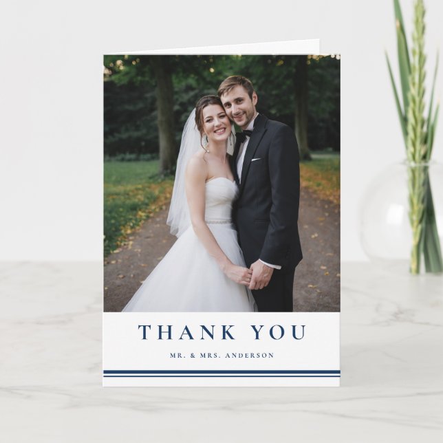 Navy Blue Classic Typography Striped Wedding Thank You Card (Front)
