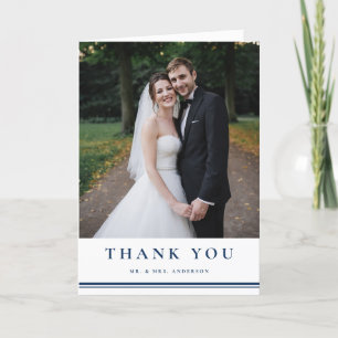 Navy Blue Classic Typography Striped Wedding Thank You Card