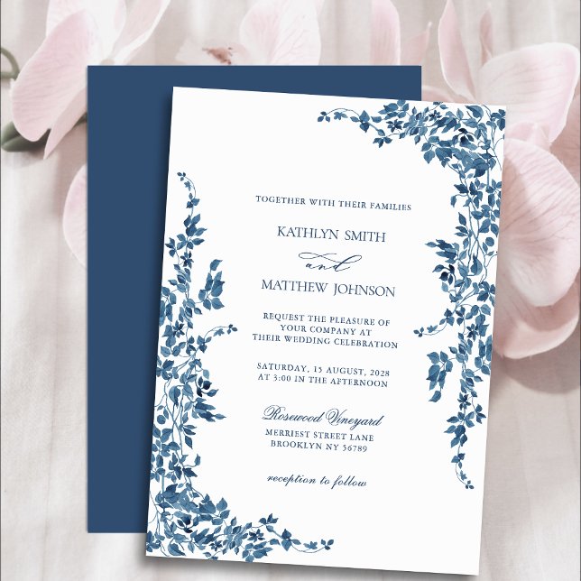 Navy Blue Classic Vintage Floral Garden Wedding Invitation (Creator Uploaded)