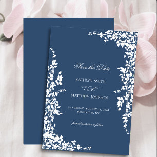 Navy Blue Classic Vintage Floral Garden Wedding Save The Date