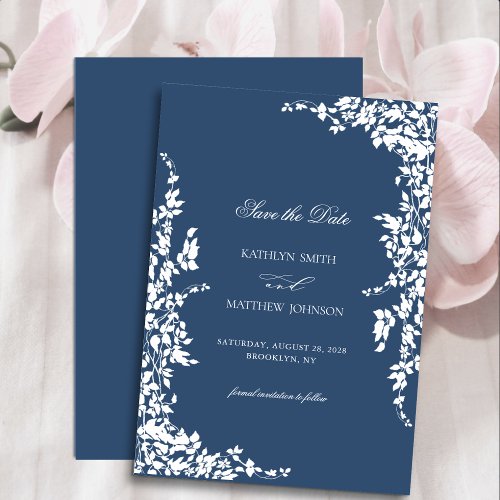 Navy Blue Classic Vintage Floral Garden Wedding Save The Date