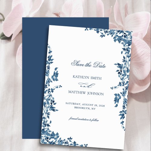 Navy Blue Classic Vintage Floral Garden Wedding Save The Date