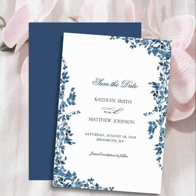 Navy Blue Classic Vintage Floral Garden Wedding Save The Date (Creator Uploaded)