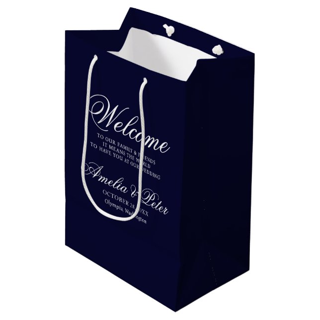 Navy Blue Classic Wedding Welcome Medium Gift Bag (Front Angled)