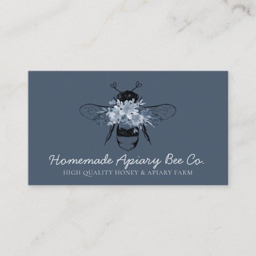 Navy Blue Classy Heart Floral Apiary Honey Bee Business Card