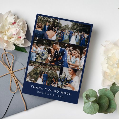 Navy Blue Clean Wedding Photo Collage Thank You