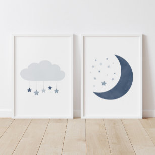 Navy Blue Cloud and Moon Boy Nursery Decor Wall Art Sets