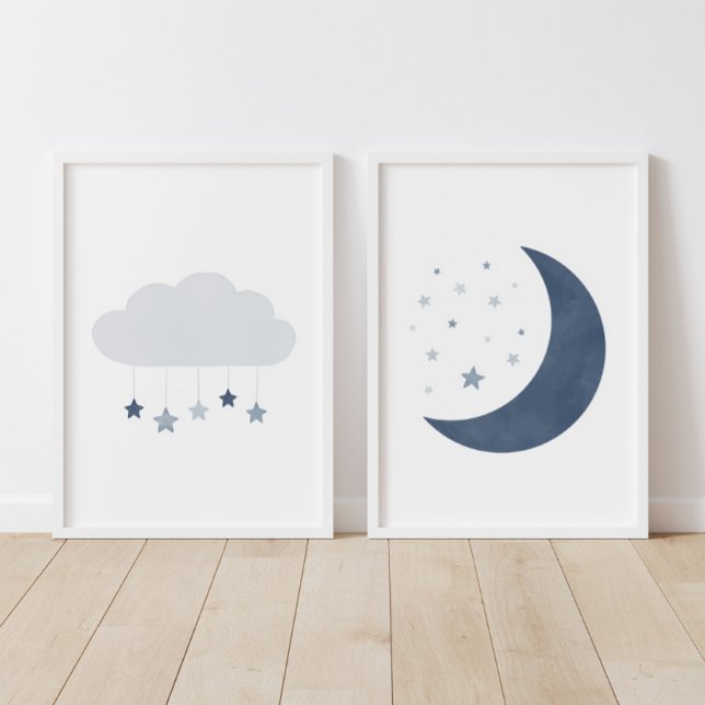 Navy Blue Cloud and Moon Boy Nursery Decor Wall Art Sets (Creator Uploaded)