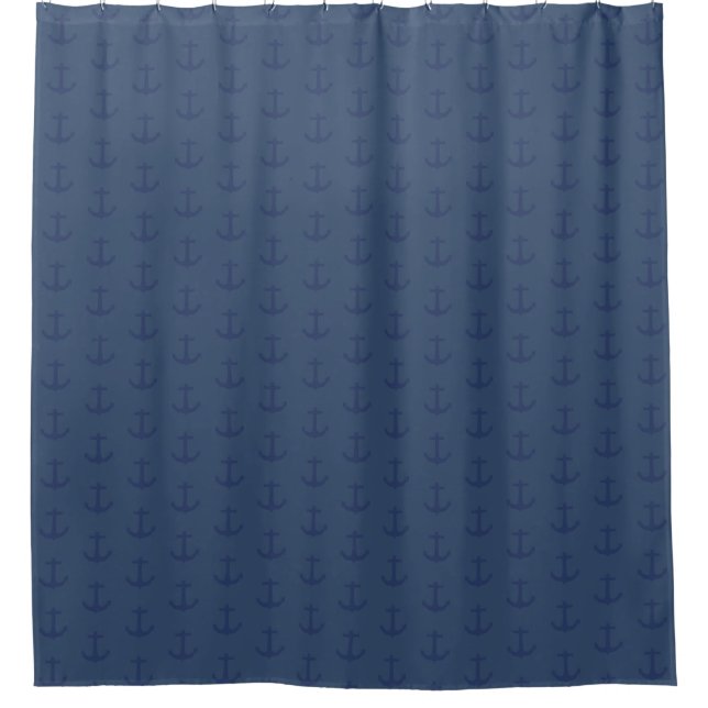 Navy Blue Coastal Anchor Shower Curtain (Front)
