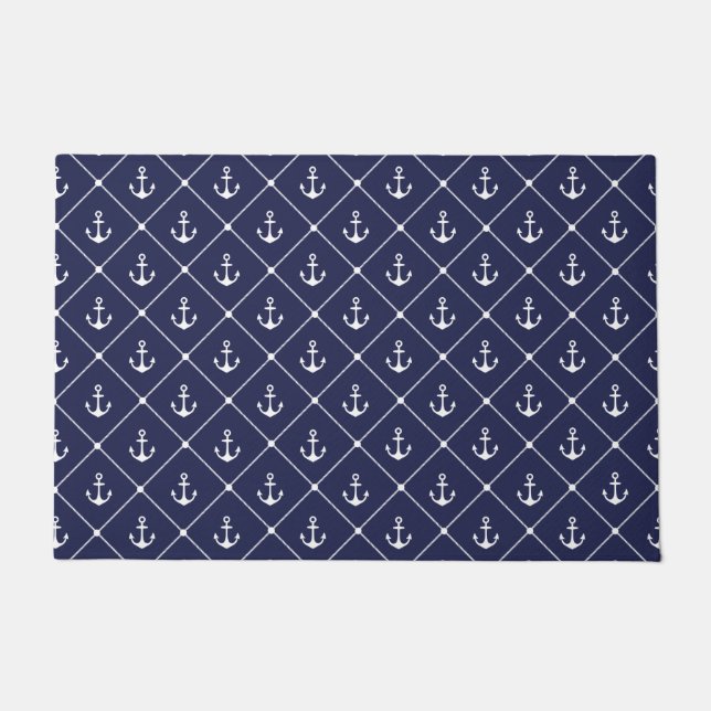 Navy Blue Coastal Beach House Nautical Anchors Doormat (Front)