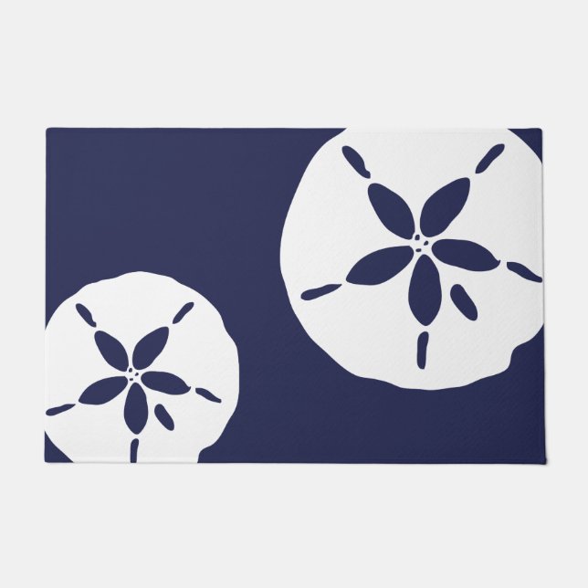 Navy Blue Coastal Beach House Nautical Sand Dollar Doormat (Front)