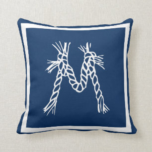 Navy blue coastal beach rope monogram throw pillow