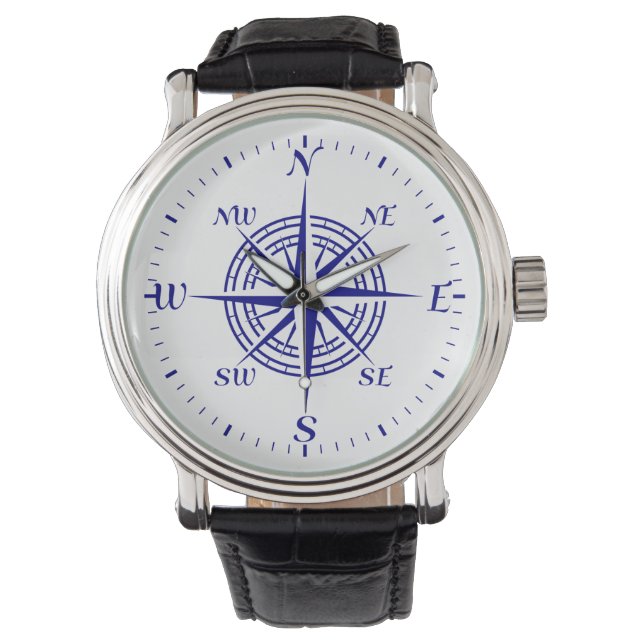 Navy Blue Coastal Compass Rose Watch (Front)