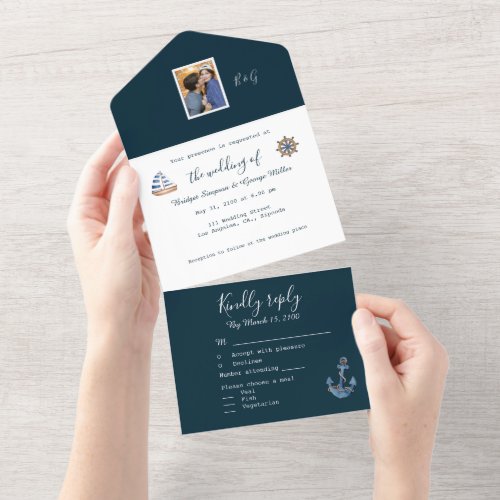 navy blue coastal nautic couple photo monogram all in one invitation
