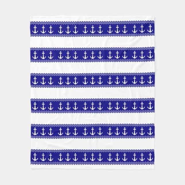 Navy Blue Coastal Pattern Anchors Fleece Blanket (Front)
