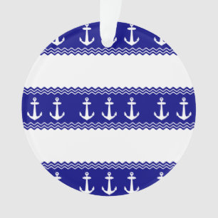 Navy Blue Coastal Pattern Anchors Ornament