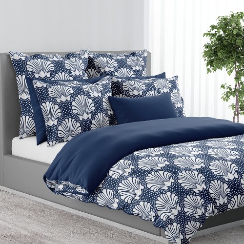 Navy Blue Coastal Seashell Dotted Pearls Beachy Duvet Cover