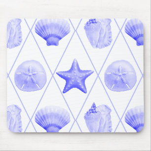 Navy Blue Coastal Seashells Starfish Mouse Pad