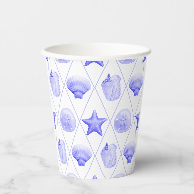 Navy Blue Coastal Seashells Starfish Paper Cups (Front)