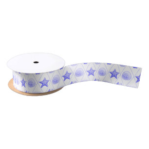 Navy Blue Coastal Seashells Starfish Satin Ribbon